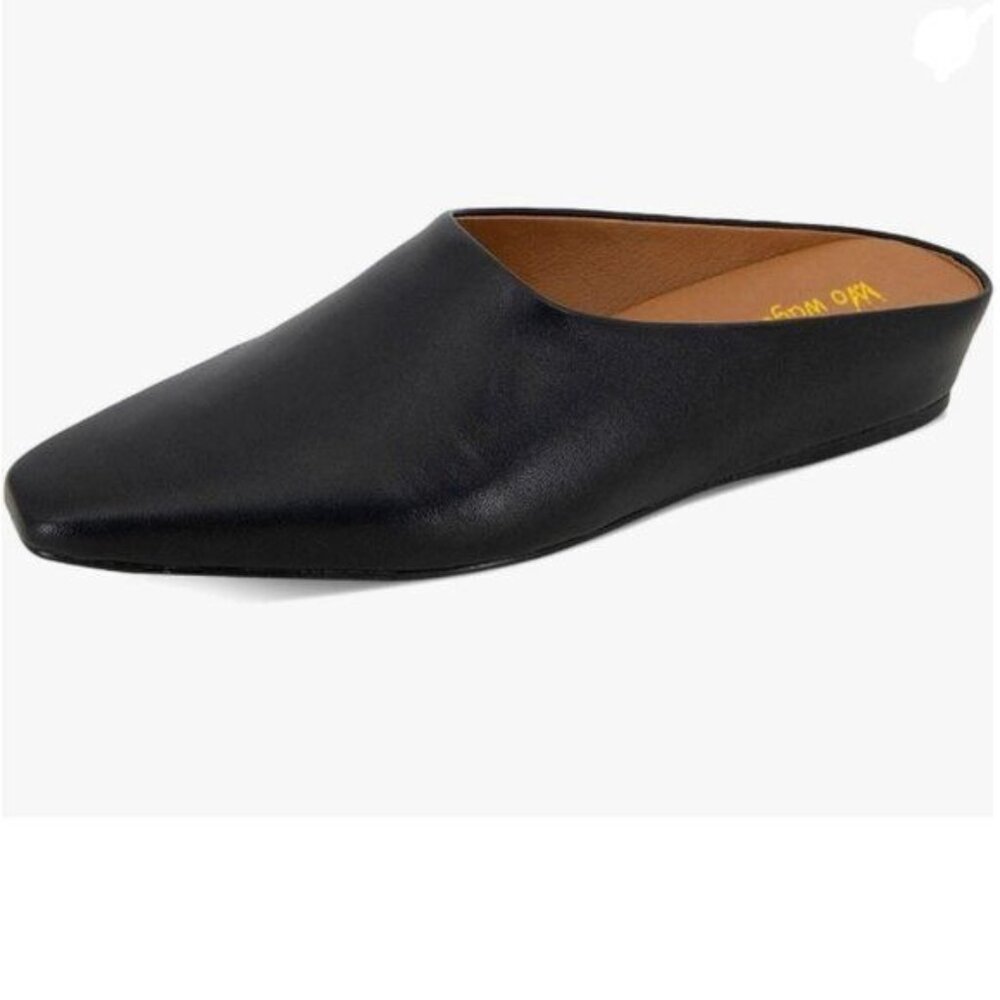 Wo wagas Black Mules Low Wedge Heels Slippers Square Toe  Slip On Shoes